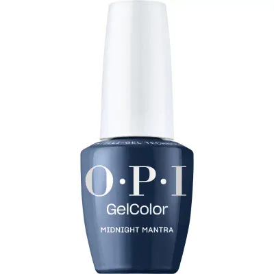 OPI Midnight Mantra dark blue gel polish with glossy finish. Semi-permanent nail polish in a deep, rich dark blue shade with a glossy finish, perfect for a refined and elegant look.