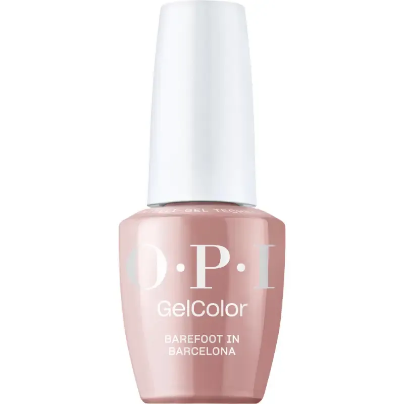 OPI Barefoot in Barcelona brown gel polish with glossy finish. Semi-permanent nail polish in a warm, earthy brown shade with a glossy finish, perfect for a refined and timeless look.