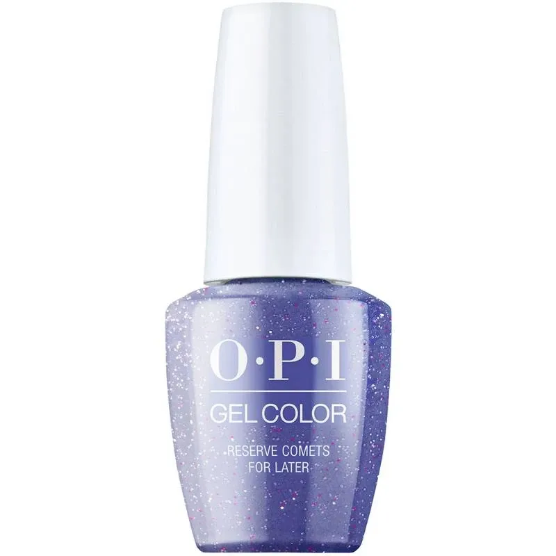 OPI Reserve Comets for Later vernis gel violet avec finition scintillante. Vernis semi-permanent dans une teinte violette audacieuse avec des paillettes étincelantes, idéal pour un look ludique et éclatant.