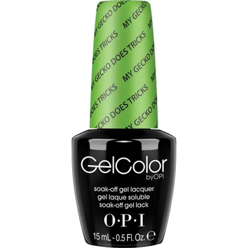 OPI My Gecko Does Tricks green gel polish with glitter finish. Semi-permanent nail polish in a vibrant green shade with a playful shimmer, perfect for a bold and magical look.