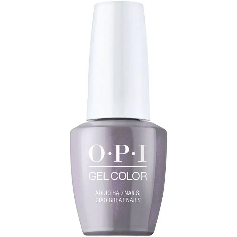 OPI Addio Bad Nails, Ciao Great Nails purple gel polish with shimmer finish. Semi-permanent nail polish in a vibrant purple shade with a subtle shine.