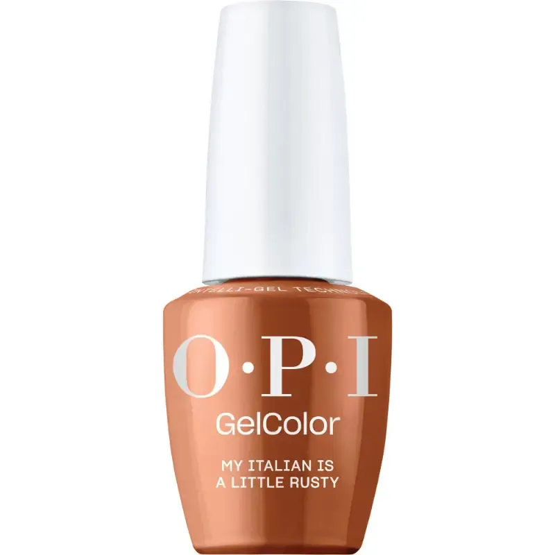 My Italian is a Little Rusty - GelColor - 15ml OPI My Italian is a Little Rusty vernis gel marron avec finition brillante. Vernis semi-permanent dans une teinte marron chaude et rouillée avec une brillance durable.