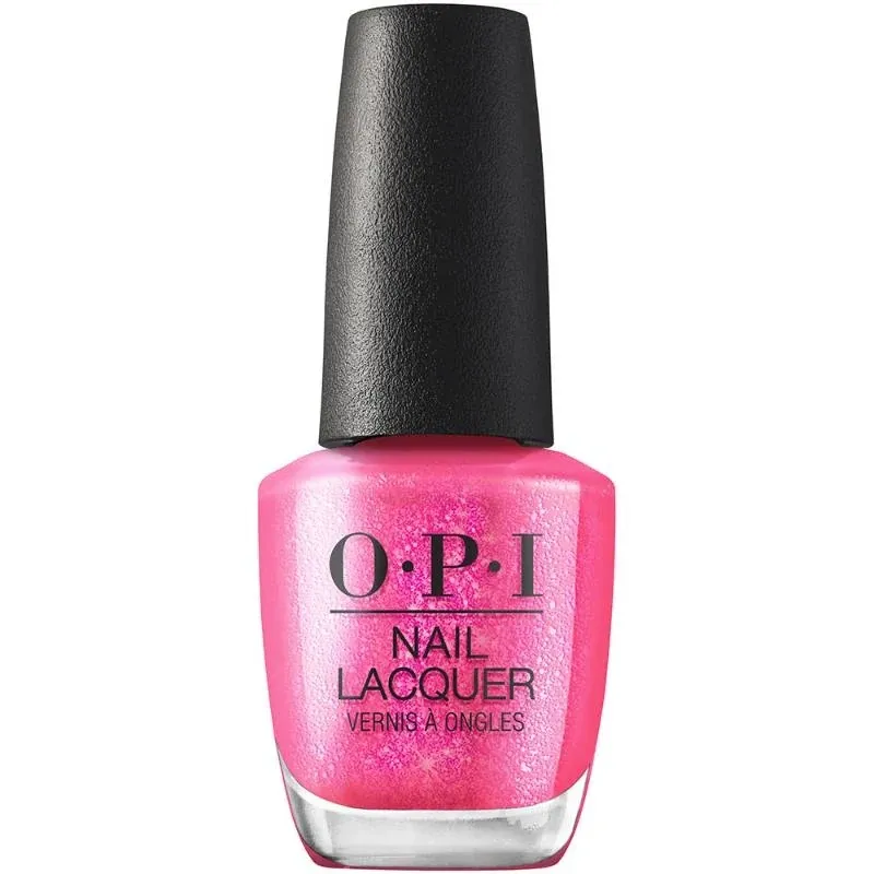Pink, glitter, OPI nail polish “Spring Break the Internet” – sparkling pink finish.