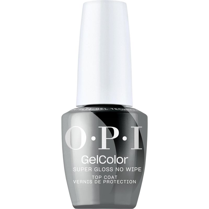 OPI no wipe top coat for semi-permanent gel polish, delivers a shiny, long-lasting finish with no sticky residue, perfect for professional results.