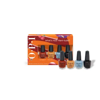 OPI Mini Nail Polish Set What's Your Mani-tude? 4 x 3.75ml – vegan, long-wear polish in vibrant, high-shine shades.