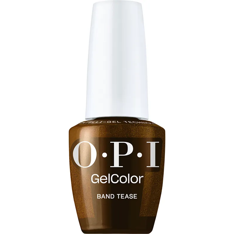 Gellak OPI GelColor Band Tease – een fonkelende bruine tint met glinsters voor een edgy, glamoureuze manicure.