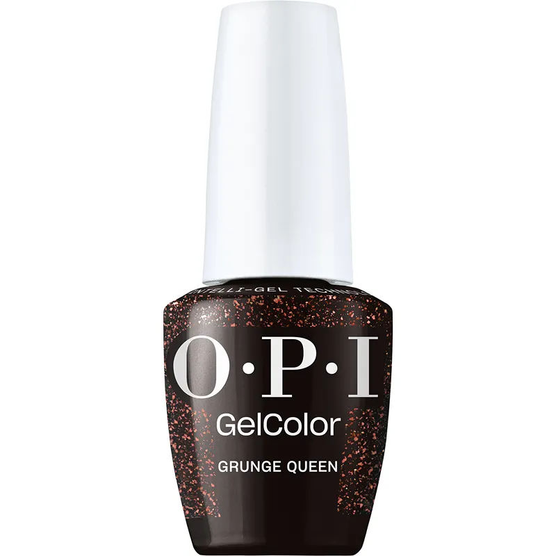 Vernis gel OPI GelColor Grunge Queen – un brun intense scintillant pour une touche grunge chic.
