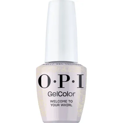 OPI gel polish Welcome to Your Whirl, ethereal white color with a glitter finish, perfect gel polish for a delicate and sparkling look.