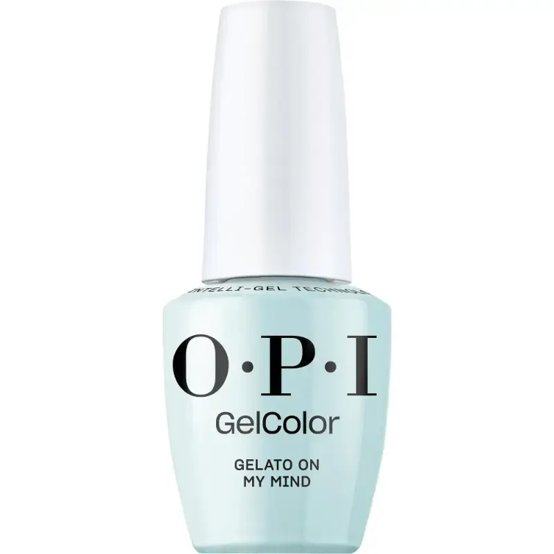 Vernis gel OPI Gelato on My Mind, couleur bleue rafraîchissante avec une finition brillante, gel parfait pour un look doux et apaisant.