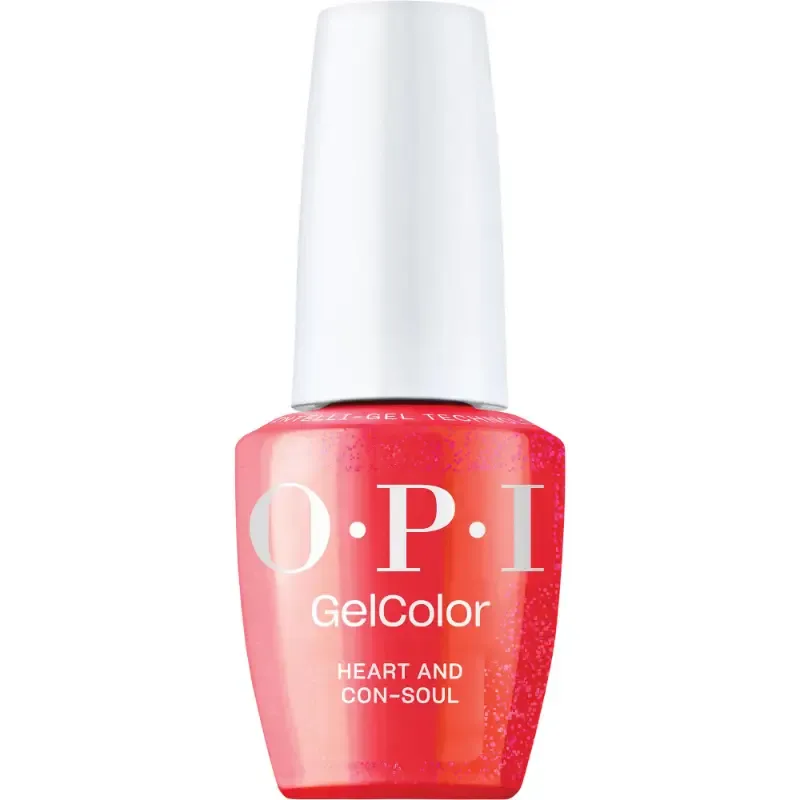 OPI Heart and Con-Soul vernis gel rouge avec finition scintillante subtile. Vernis semi-permanent dans une teinte rouge riche avec un éclat raffiné, idéal pour un look luxueux et captivant.