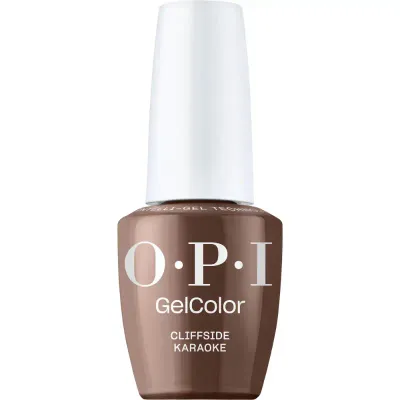 OPI Cliffside Karaoke brown gel polish with a glossy finish. A rich and warm earthy tone that gives your nails a chic and timeless look.