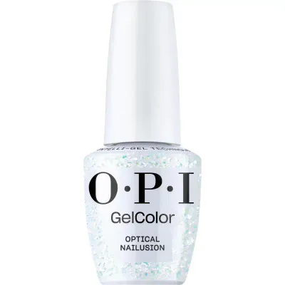 OPI Optical Nailusion vernis gel blanc avec finition scintillante. Vernis semi-permanent dans une teinte blanche éclatante avec une touche de paillettes, parfait pour un look élégant et festif.
