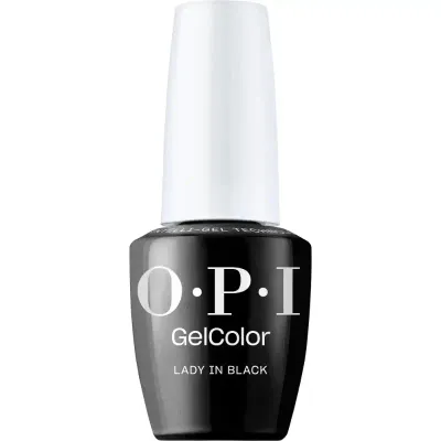 Vernis gel OPI Lady In Black, couleur noire intense avec finition brillante, gel parfait pour un look intemporel et sophistiqué.