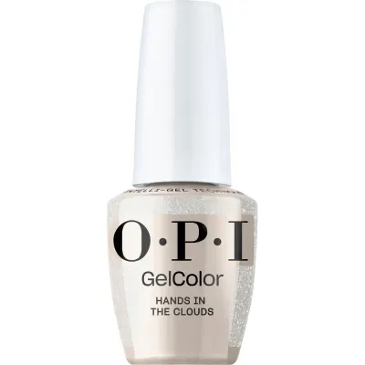 Vernis gel OPI Hands in the Clouds, couleur nude douce avec finition scintillante, gel parfait pour un look subtil et rêveur.