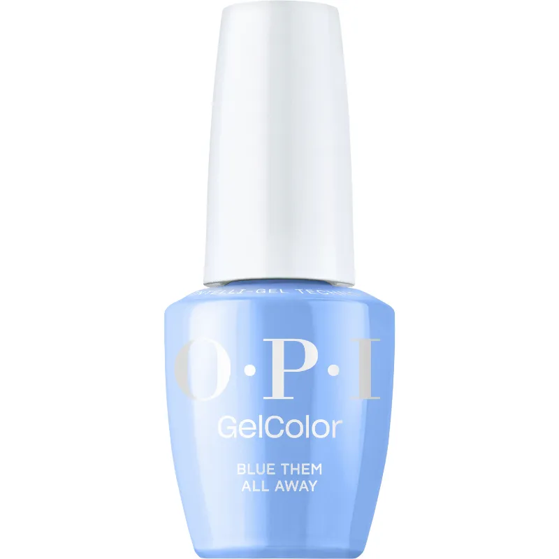 Blue glossy gel polish by OPI, Blue Them All Away. For a bold and polished manicure.