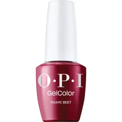 OPI Miami Beet red gel polish with glossy finish. Semi-permanent nail polish in a vibrant, bold red shade with long-lasting shine. Perfect for a powerful and energetic look.