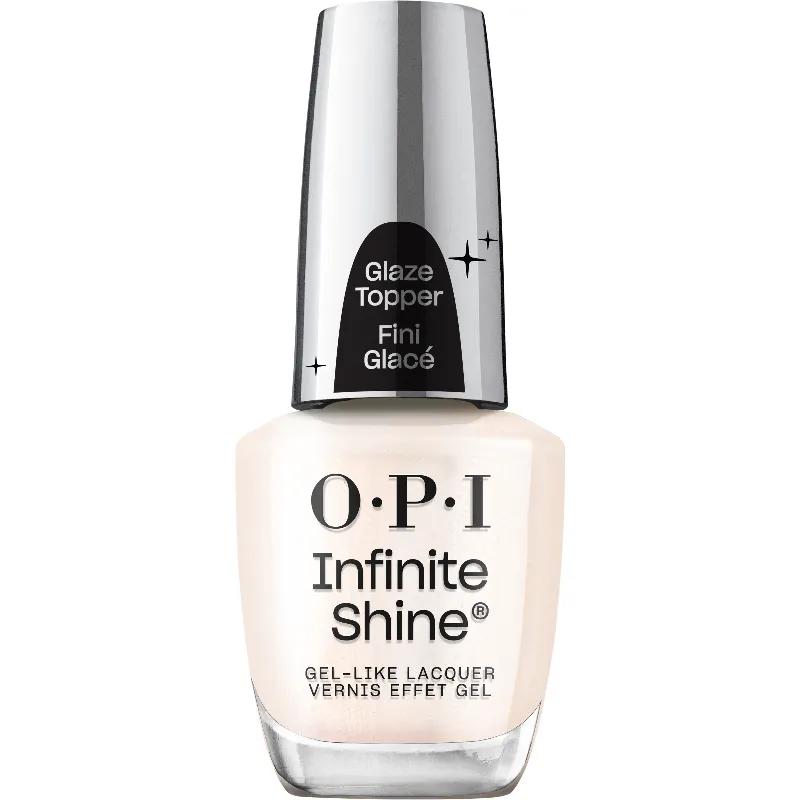 Glaze topper OPI Infinite Shine Got Glaze? en flacon avec finition milky semi-transparente et pigments blancs doux