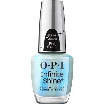 OPI Infinite Shine Moon Gleam glaze topper bottle with blue shimmer and glossy chrome-like finish