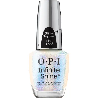 OPI Infinite Shine Holo & Behold glaze topper bottle with blue and purple shimmer and holographic effect