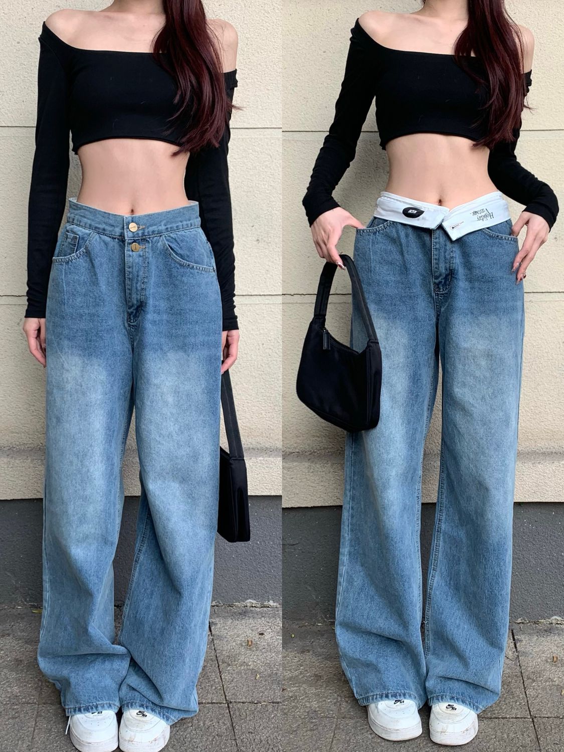 Niche rétro jean femmes été et automne pantalon de sol trempé conception ample taille haute jambe droite pantalon large