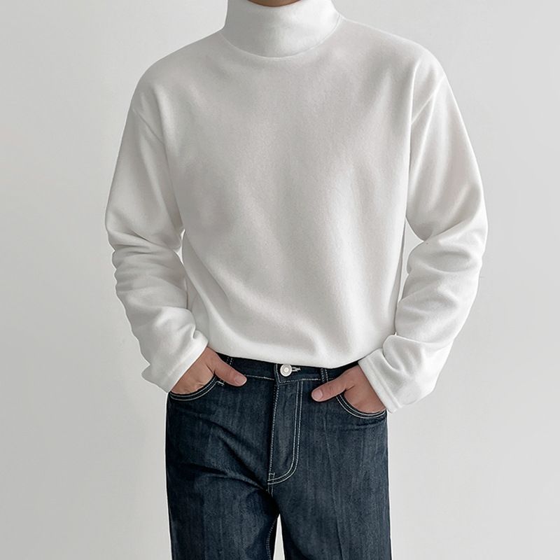MYQ Col Haut T-Shirt À Manches Longues pour Hommes Automne Et Hiver Style Coréen Lâche À La Mode Pur Coton Base Chemise Couleur Unie T-shirt Haut