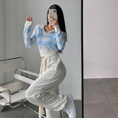 Tricot à carreaux rétro américain, Slim, taille courte, manches longues, bas, tendance
