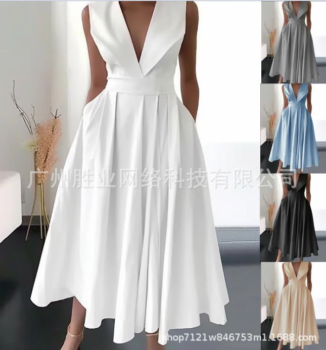 femmes européennes et américaines été sans manches taille poche à glissière grande balançoire mi-longue robe de couleur unie