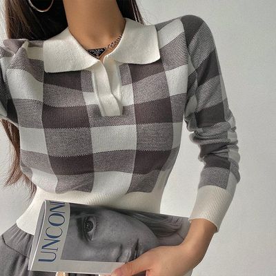 Tricot à carreaux rétro américain, Slim, taille courte, manches longues, bas, tendance