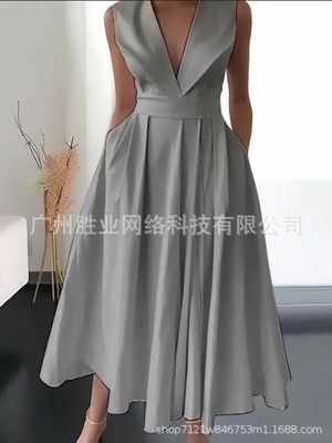 femmes européennes et américaines été sans manches taille poche à glissière grande balançoire mi-longue robe de couleur unie