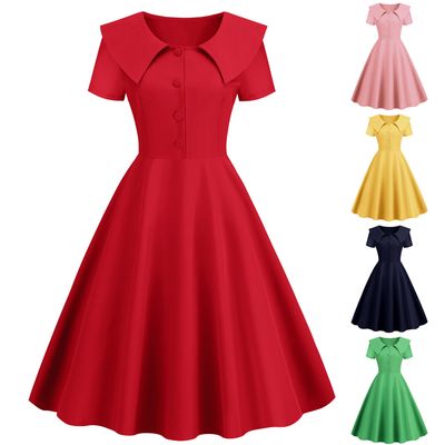 Station indépendante pour femmes, robe rétro de tempérament européen et américain, à revers, manches courtes, coupe cintrée, couleur Pure, robe trapèze