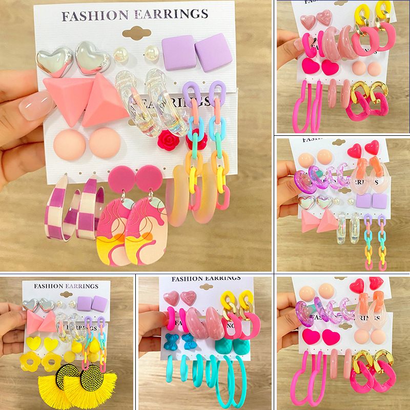 Ensemble de boucles d&amp;#039;oreilles d&amp;#039;amour surdimensionnées pour la saint-valentin, bijoux en résine exagérés de couleur contrastée Lolita Wind