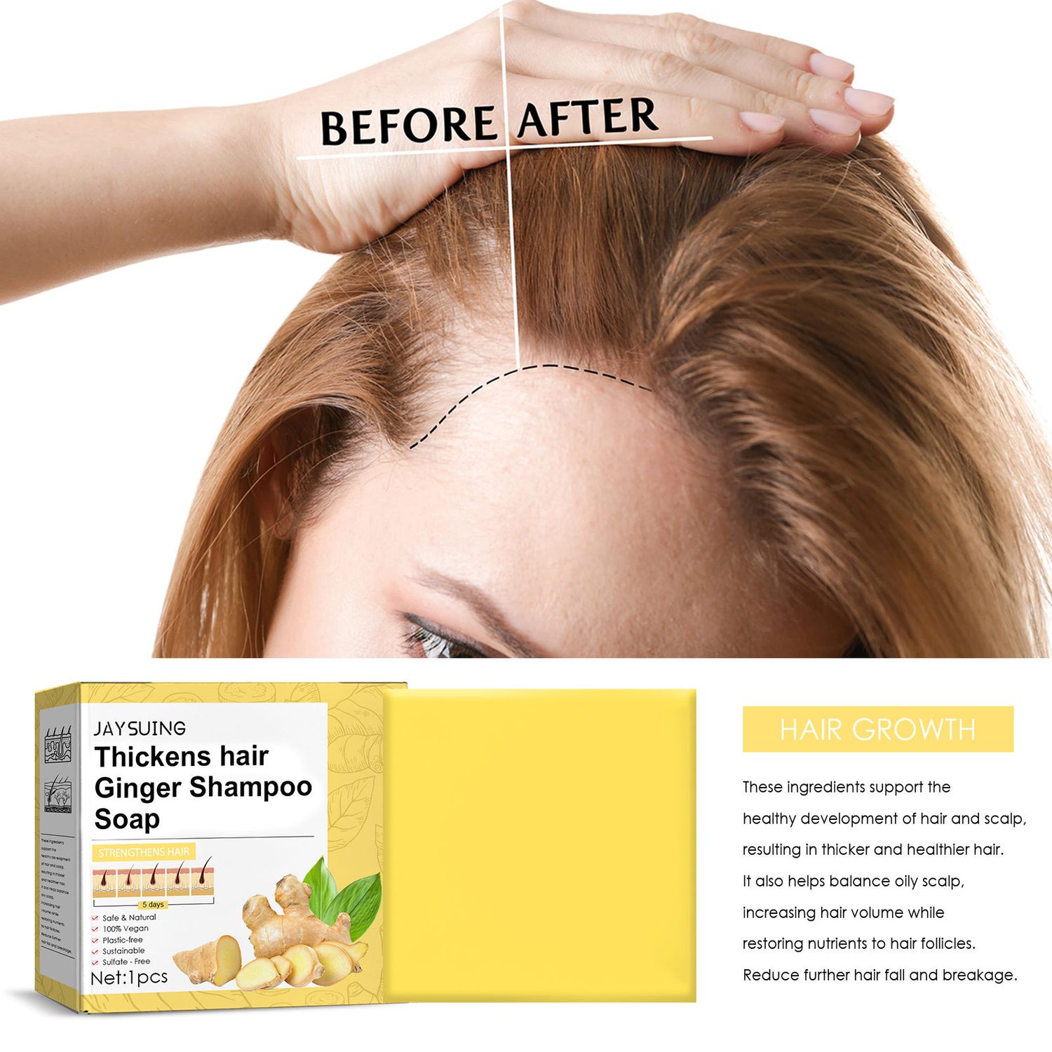 Jaysuing Ginger Dense Hair Soap Hydrate les pointes et les racines des cheveux Nettoyant le cuir chevelu Après-shampoing Savon