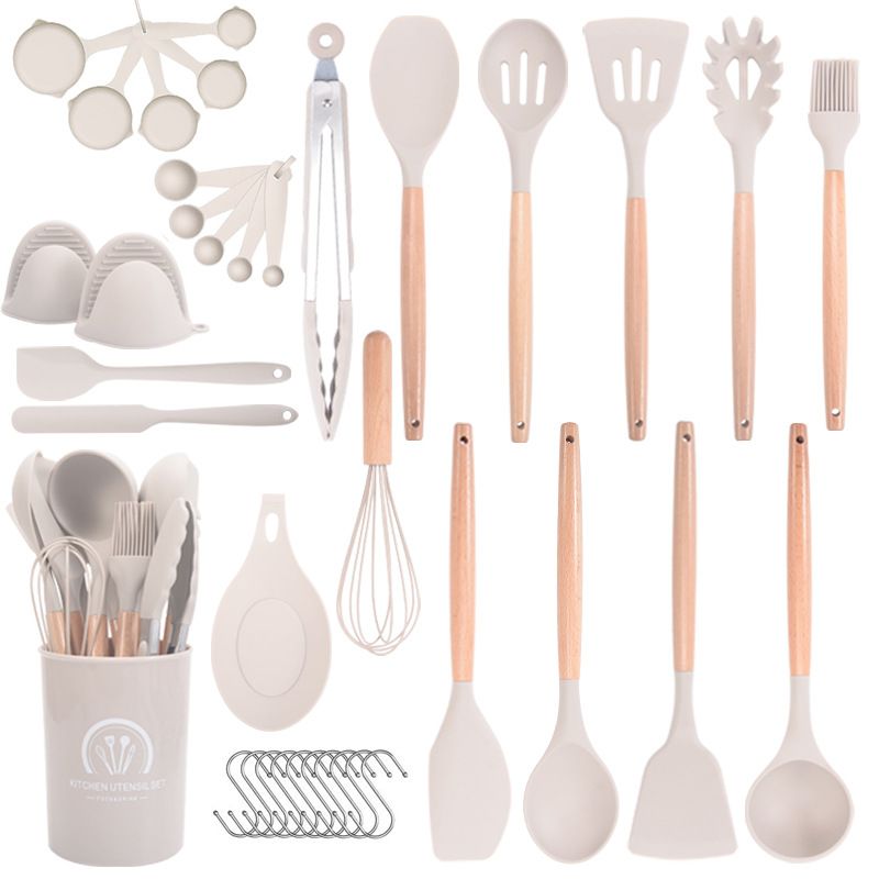 Ensemble d&amp;#039;ustensiles de cuisine en Silicone résistant à la chaleur, 37 pièces, cuillère de cuisson antiadhésive, pelle manche en bois, ensemble d&amp;#039;ustensiles de cuisine