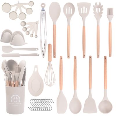 Ensemble d&amp;#039;ustensiles de cuisine en Silicone résistant à la chaleur, 37 pièces, cuillère de cuisson antiadhésive, pelle manche en bois, ensemble d&amp;#039;ustensiles de cuisine