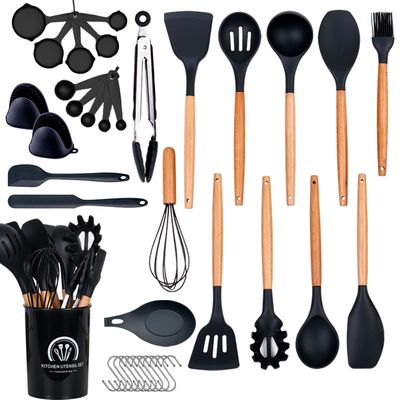 Ensemble d&amp;#039;ustensiles de cuisine en Silicone résistant à la chaleur, 37 pièces, cuillère de cuisson antiadhésive, pelle manche en bois, ensemble d&amp;#039;ustensiles de cuisine