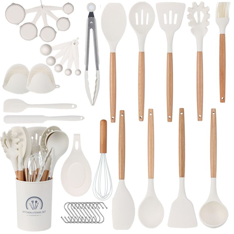 Ensemble d&amp;#039;ustensiles de cuisine en Silicone résistant à la chaleur, 37 pièces, cuillère de cuisson antiadhésive, pelle manche en bois, ensemble d&amp;#039;ustensiles de cuisine, Size: Off-white wooden handle 37-piece set b, Kit quantity: Big bucket