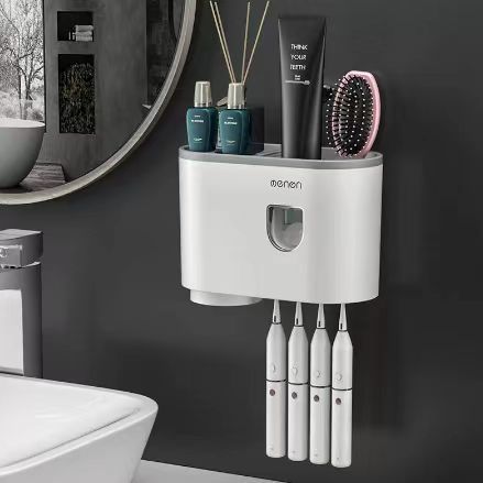 Support de rangement créatif pour brosse à dents, sans trou, gargarisme, tasse de brosse, rangement mural pour toilettes, presse-dentifrice automatique, Color: Squeeze one cup of fashionable gray