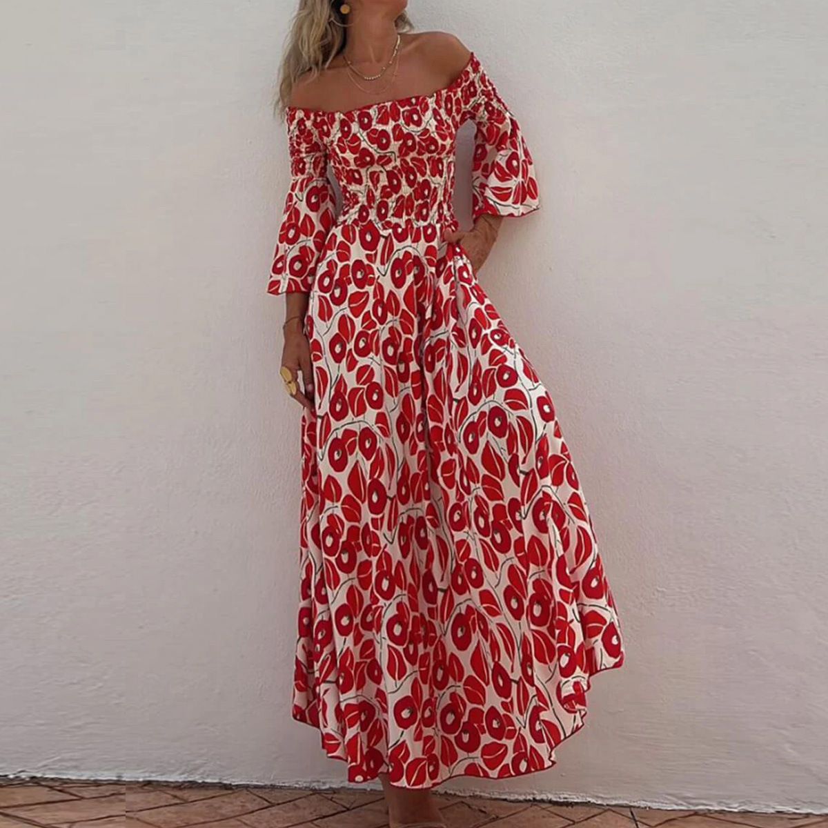 Robe longue plissée à imprimé Floral pour femmes, tenue élégante, épaules ouvertes, poches, grande balançoire, 2024