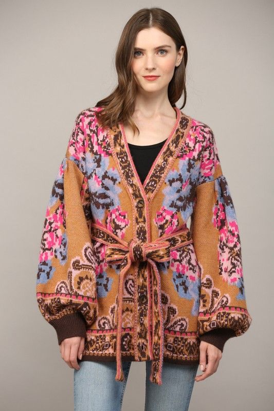 Fate Camel Wrap Floral Cardigan