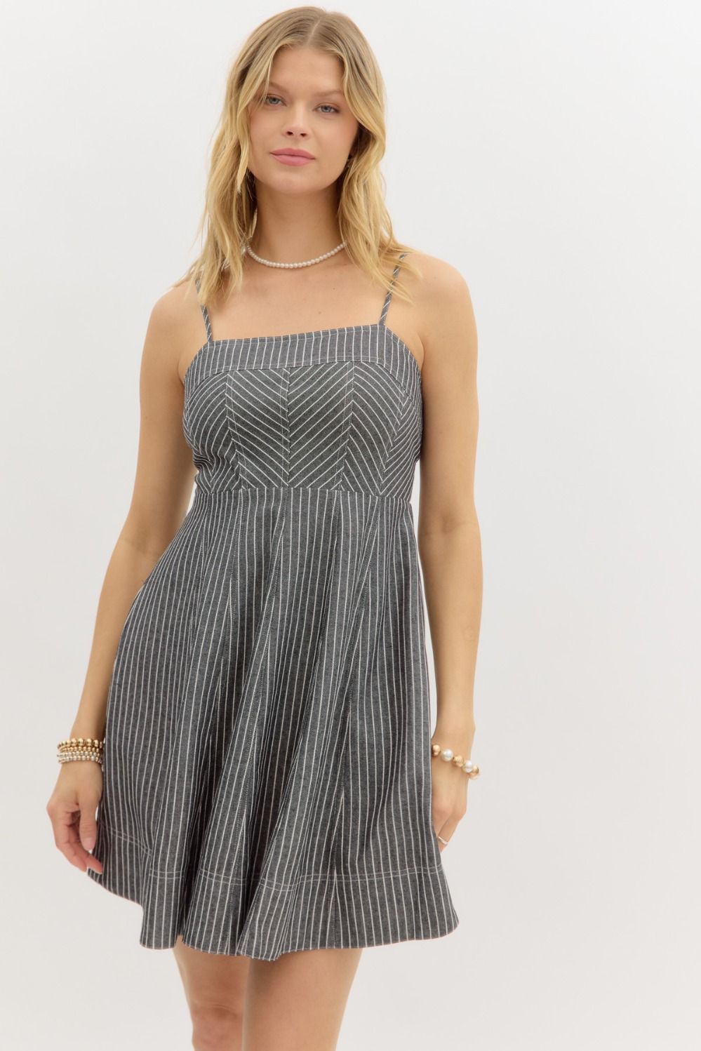 Entro Pinstripe Strappy Mini Charcoal Dress