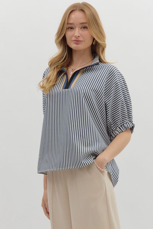 Entro Striped Pattern Navy/Beige Top