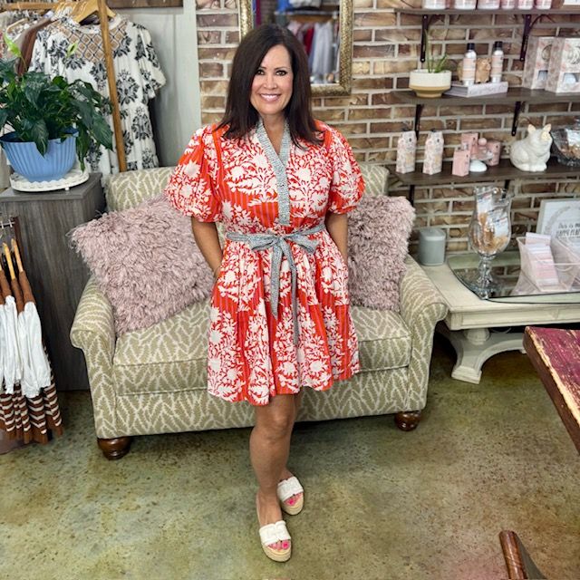 THML Red Orange Puff Sleeve Print Dress