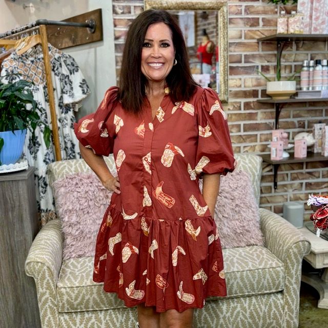 Rust red dress by THML with a boot print.