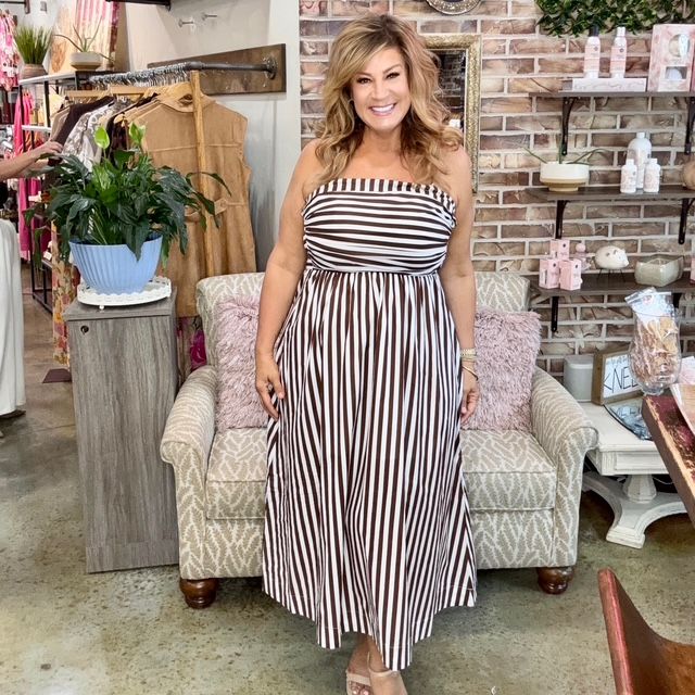 Brown and white striped dress by PINCH.