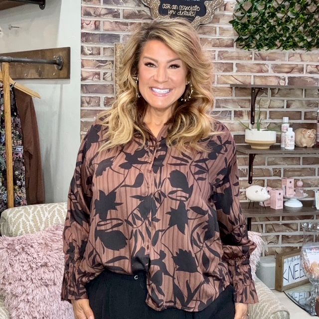 Elan silky black and brown floral top