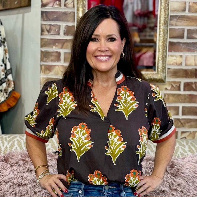 THML Short Sleeve Floral Black Top