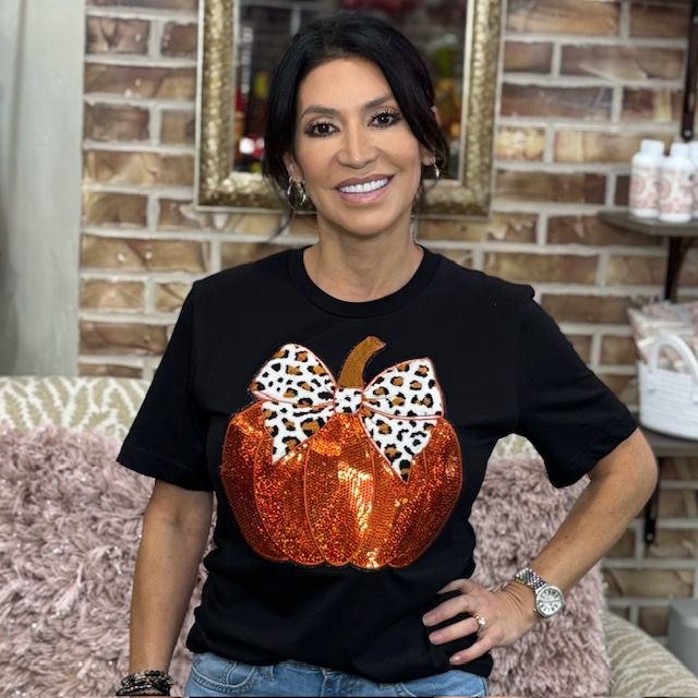 Bling Pumpkin Leopard Black Tee