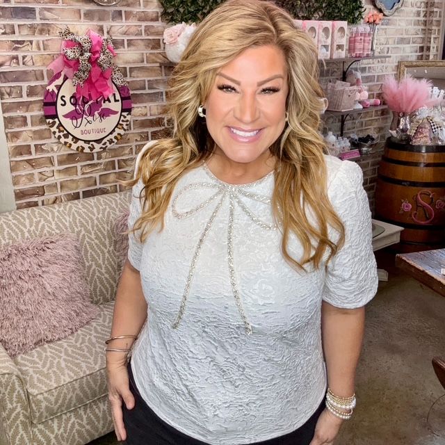 VOY Rhinestone Bow White Top