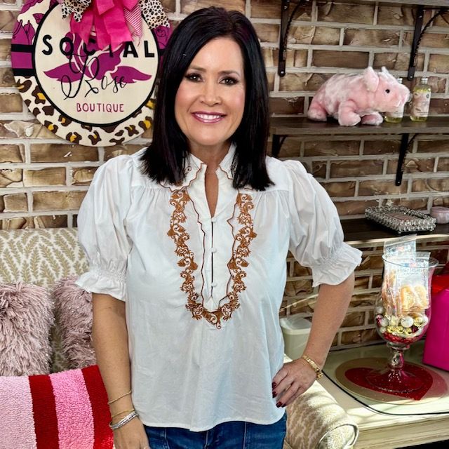 Blue B white ruffle top