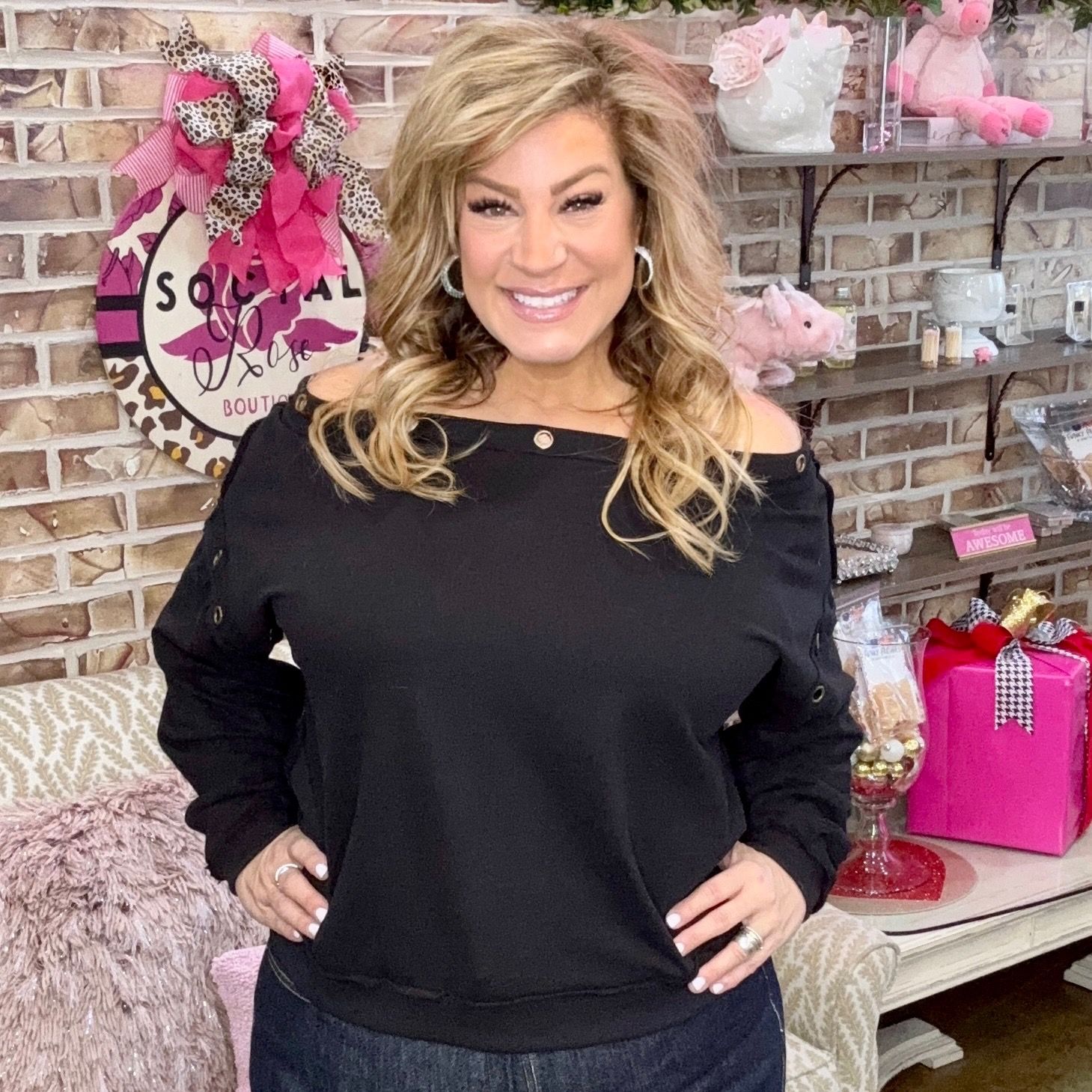 The Greii Off Shoulder Black Sweatshirt